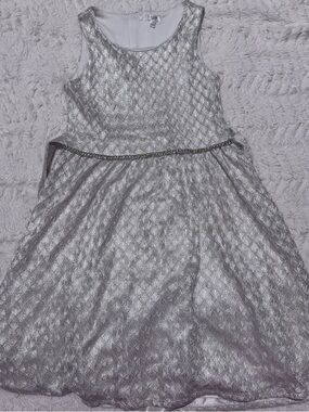 Tahari Silver Metallic Sleeveless Party Dress with Rhinestone Trim